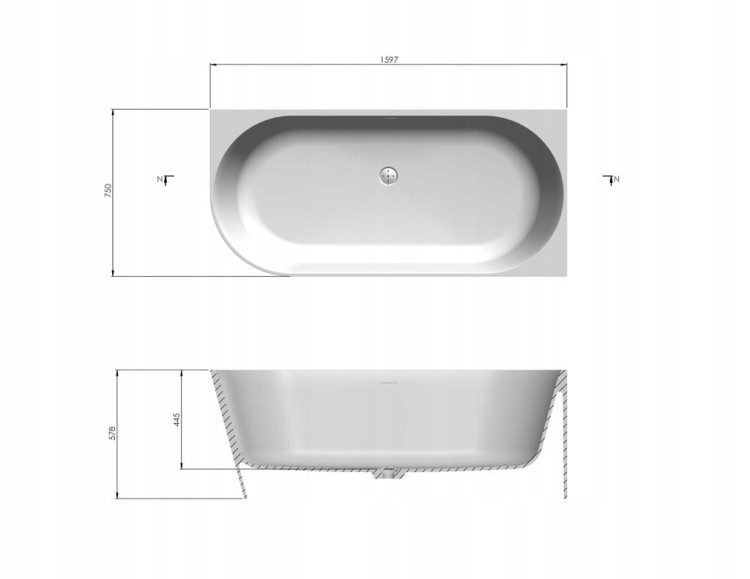 Wanna przyścienna Carlo R 160 cm - widok z przodu