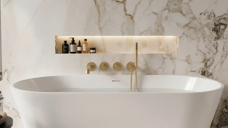 Wanna przyścienna Carlo C 160 w stylu modern organic naturalne materiały elegancka przestrzeń łazienki premium