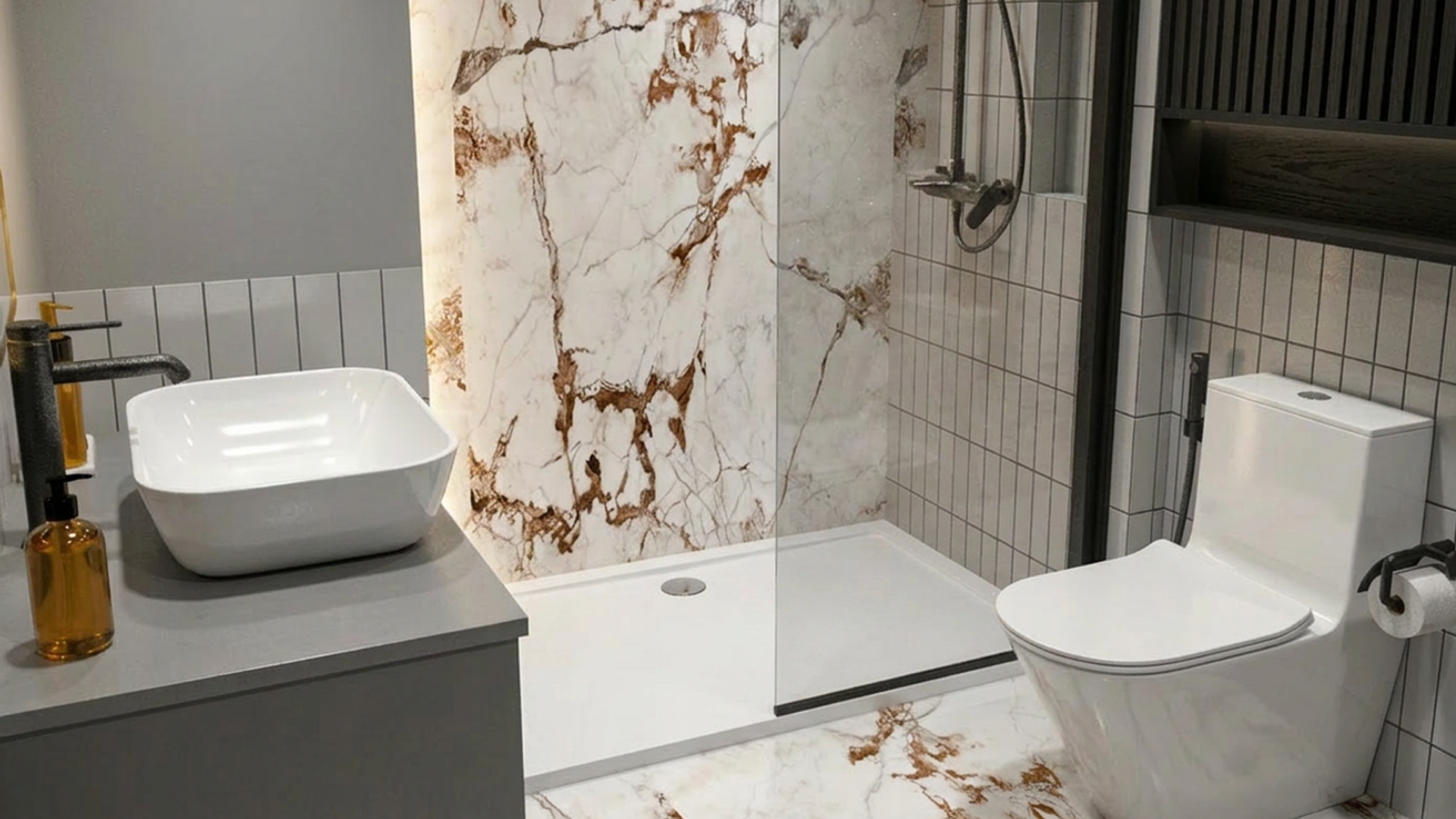 Brodzik mineralny o minimalistycznym wyglądzie w nowoczesnej łazience