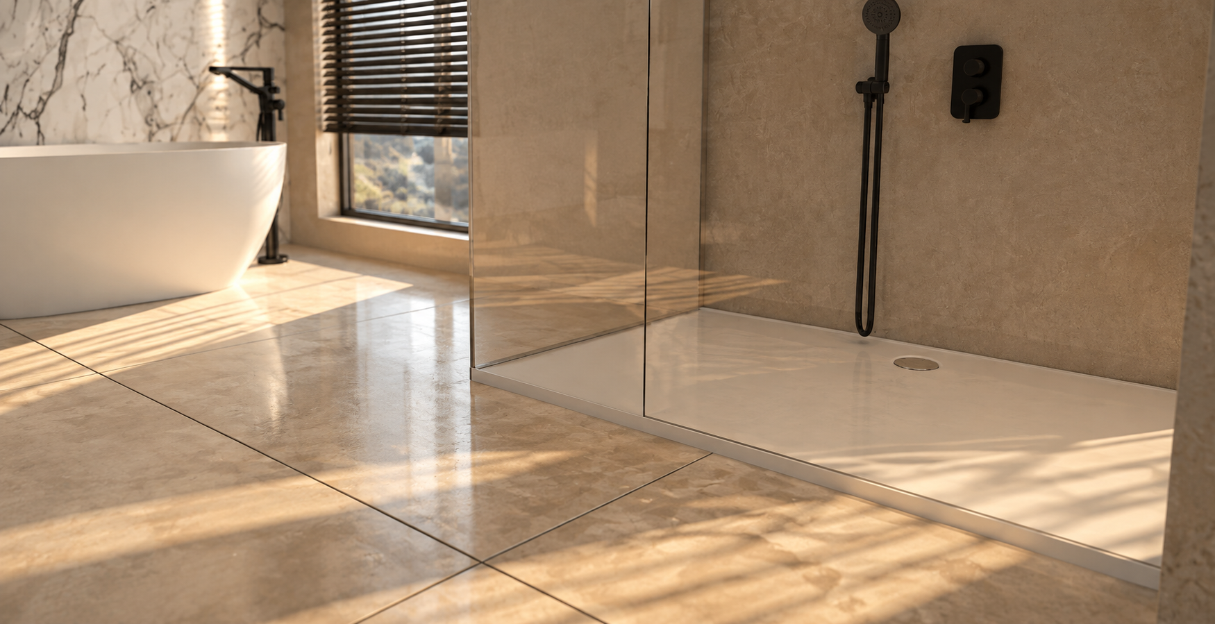 Brodzik Rinno 160 × 100 cm w nowoczesnym prysznicu walk-in