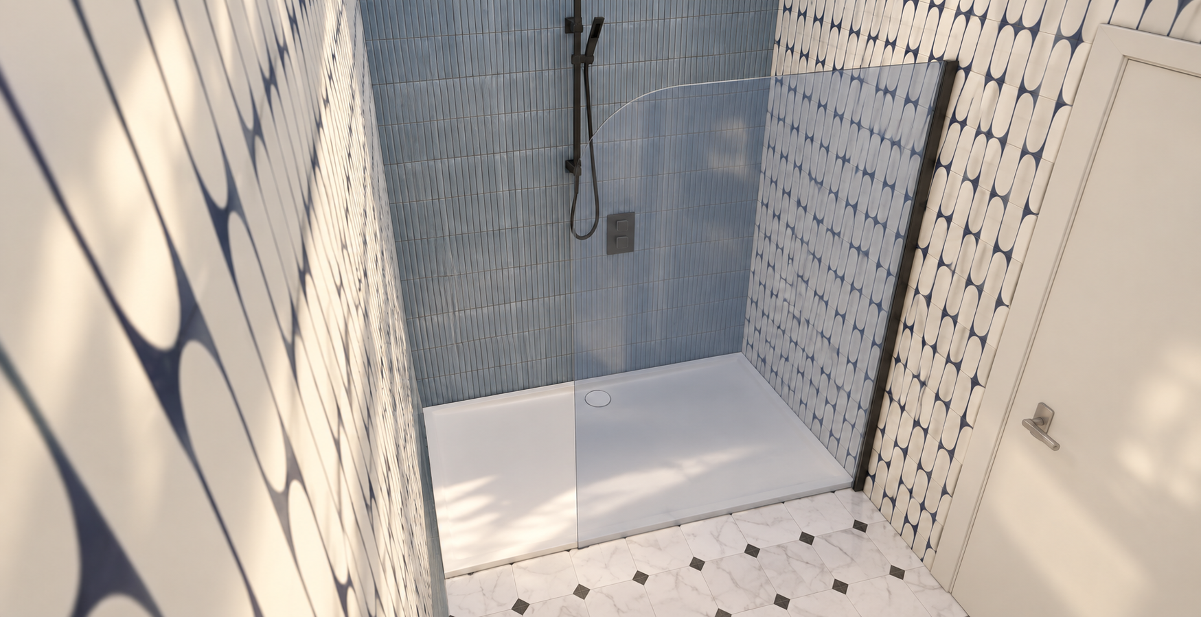 Brodzik Rinno 160 × 90 cm w niebieskim prysznicu walk-in
