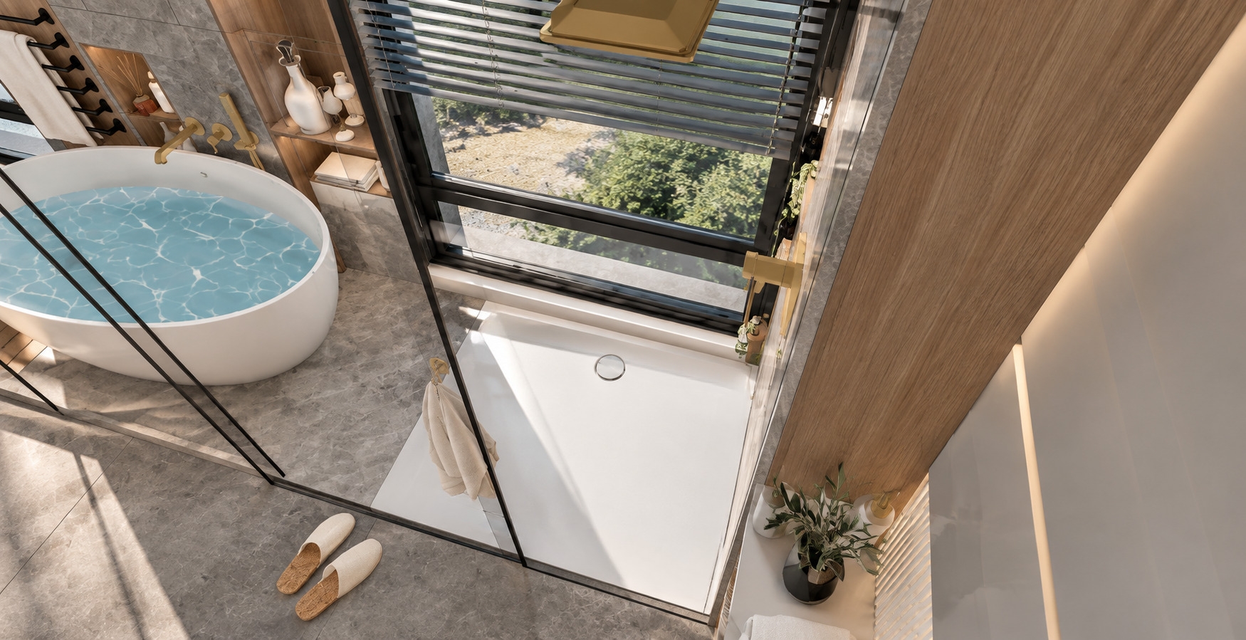 Brodzik Rinno 90 × 90 cm w nowoczesnym prysznicu walk-in