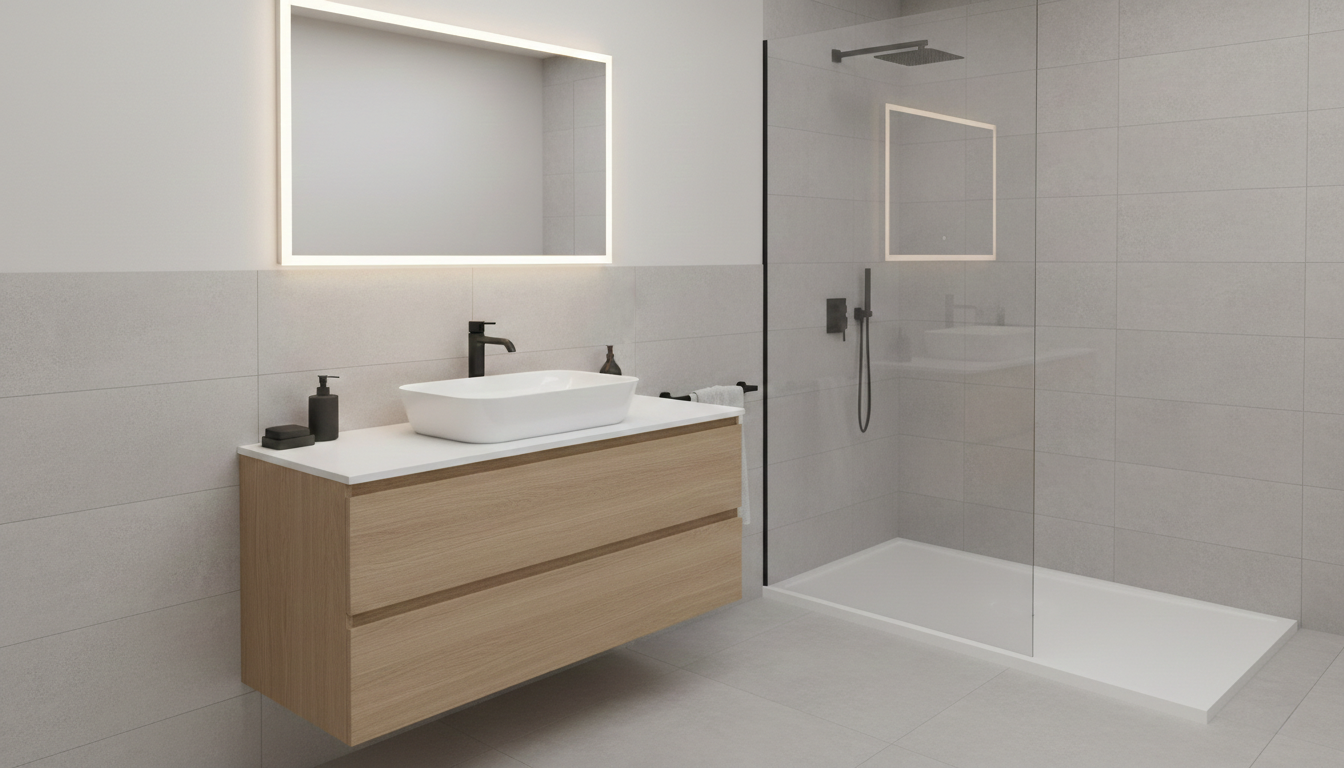 Minimalistyczna strefa prysznicowa walk-in w nowoczesnej łazience premium