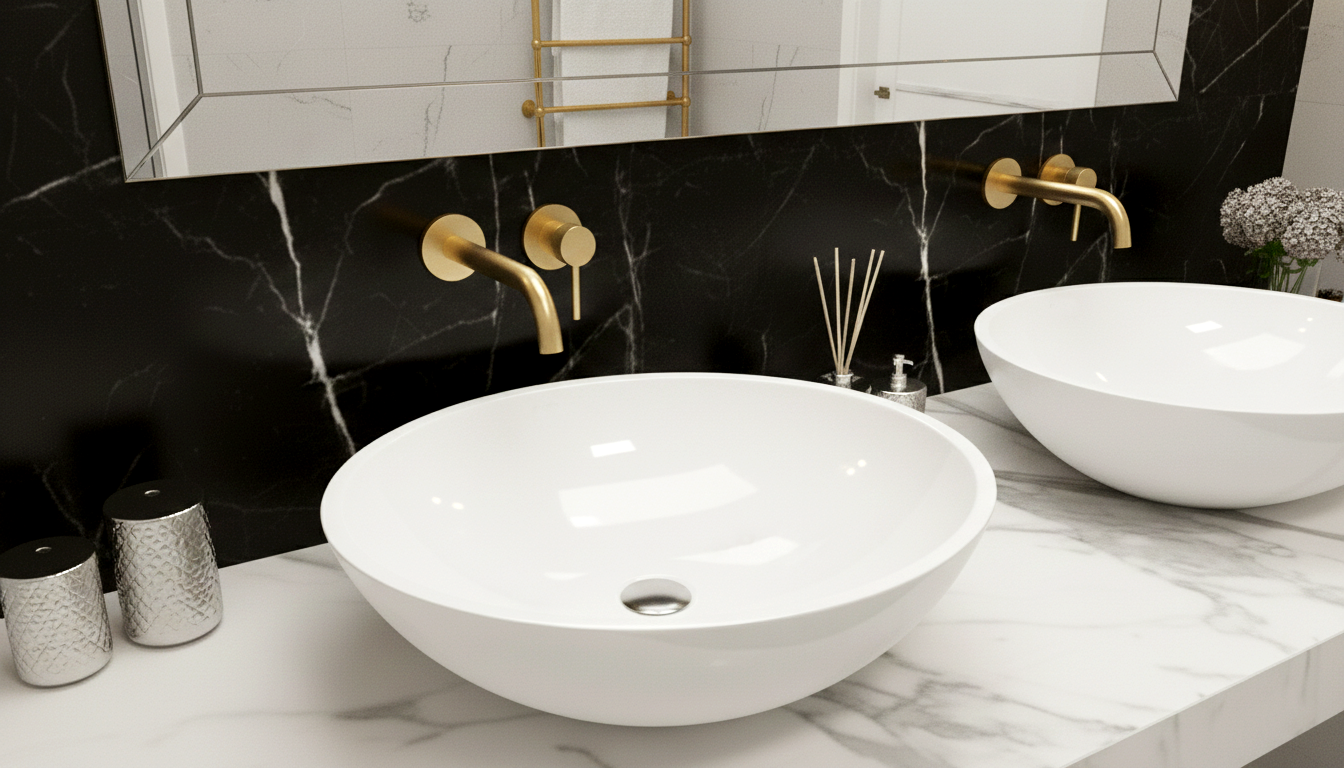 Minimalistyczna umywalka nablatowa premium w eleganckiej łazience z kamiennym blatem