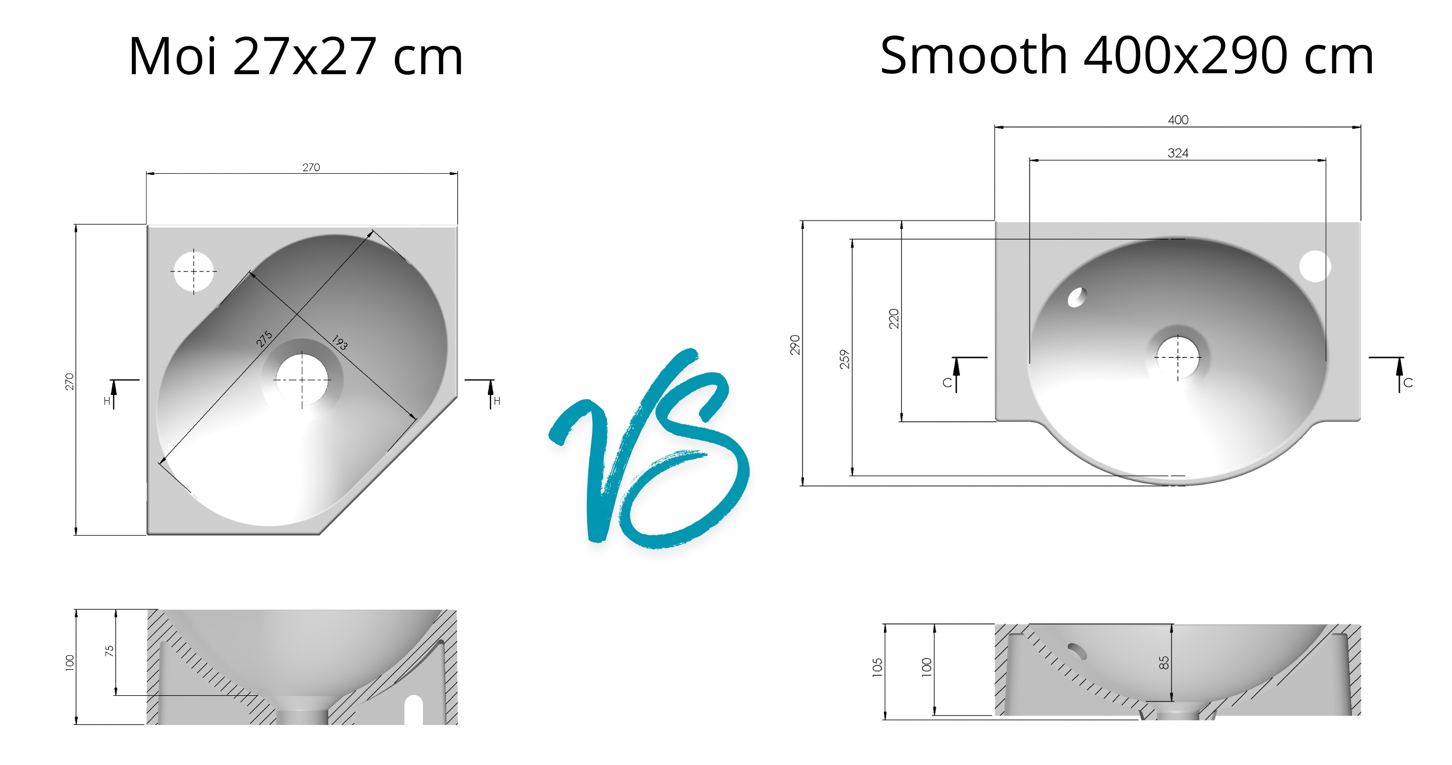 Moi 27 × 27 cm i Smooth 40 × 29 cm – porównanie gabarytów dwóch kompaktowych umywalek do małego WC