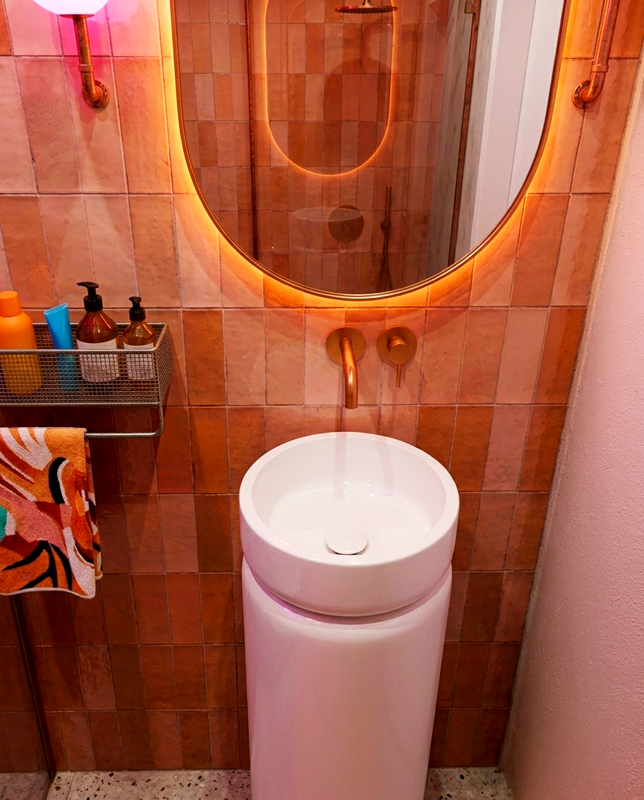 Umywalka Spectra Stand 40 × 40 cm z ciepłą metaliczną armaturą i podświetlanym lustrem