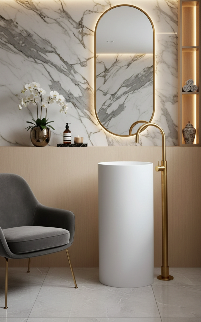Designerska umywalka wolnostojąca w nowoczesnej łazience inspirowanej hotelami boutique