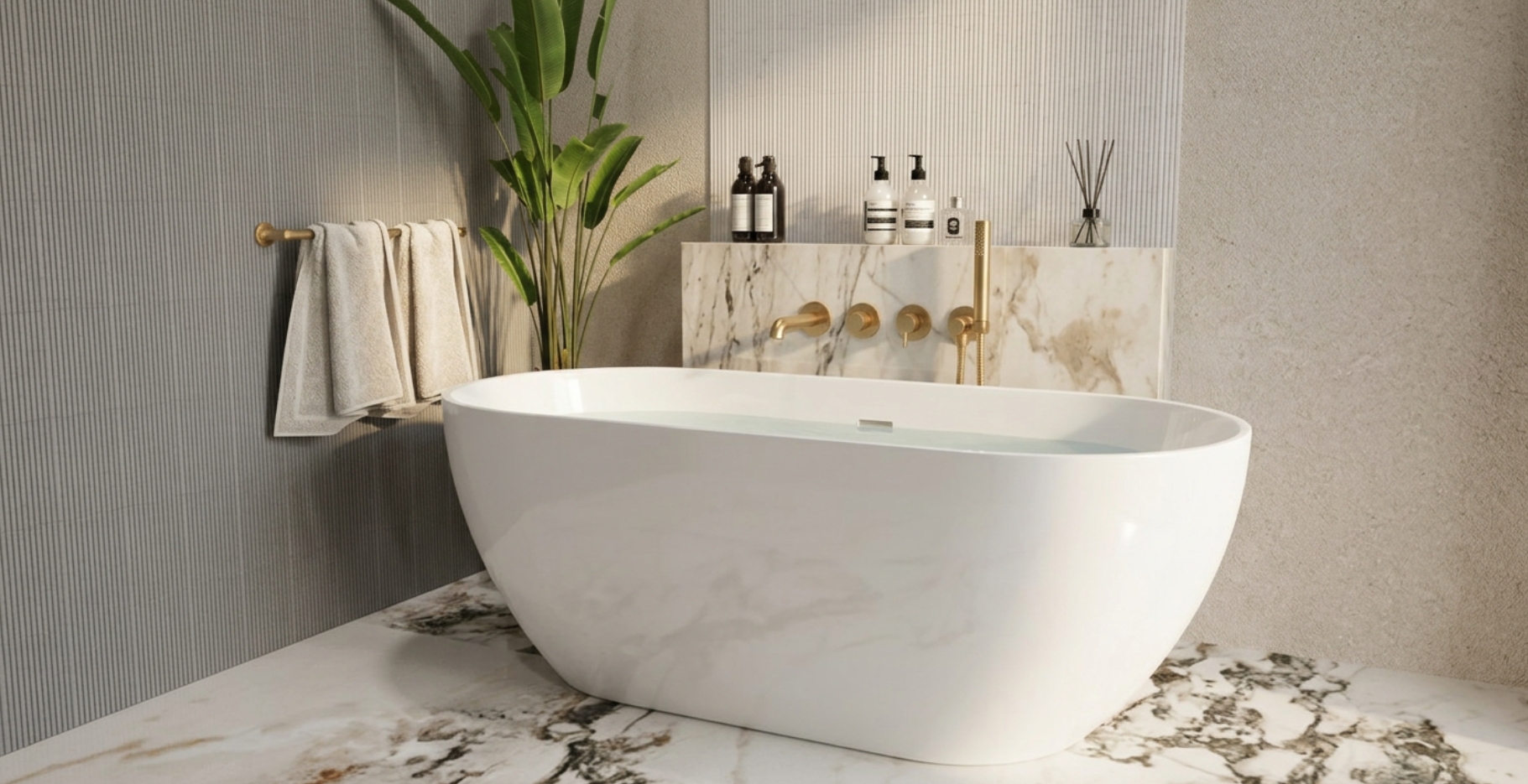 Wanna Flow 160 o organicznym kształcie jako centralny element eleganckiej strefy kąpielowej.